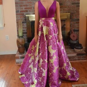 Light-Green-and-Purple-Plunging-Neckline Ballgown